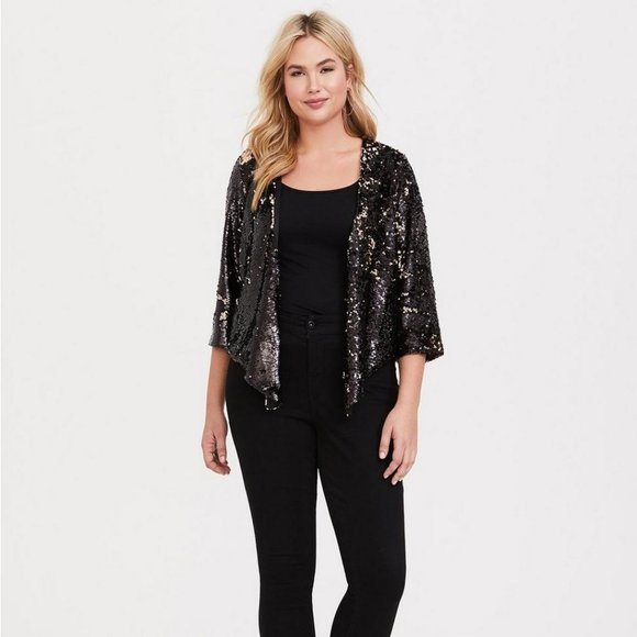 torrid Jackets & Blazers - NWT TORRID Black & Gold Two-Tone Sequin Open Front Kimono Drape Jacket Blazer 1X